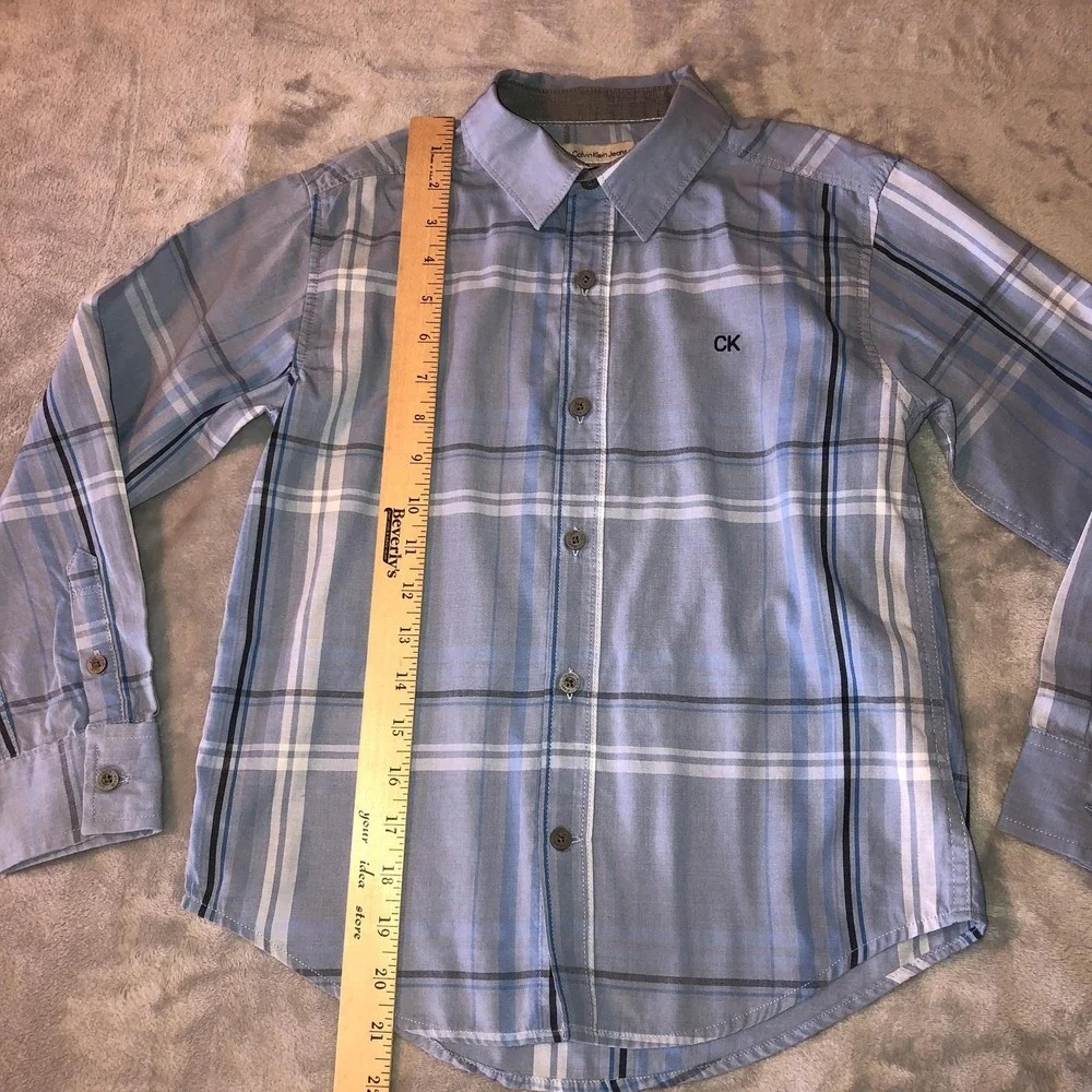 Calvin Klein Jeans Shirt‎ Boys Size 8 Blue Plaid Button Up Long Sleeve CK Logo